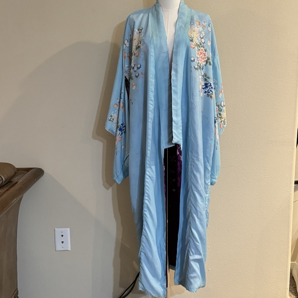 Vintage Reversible Japanese Rayon Kimono Robe Purple Floral Made Japan 1930s - Picture 5 of 16